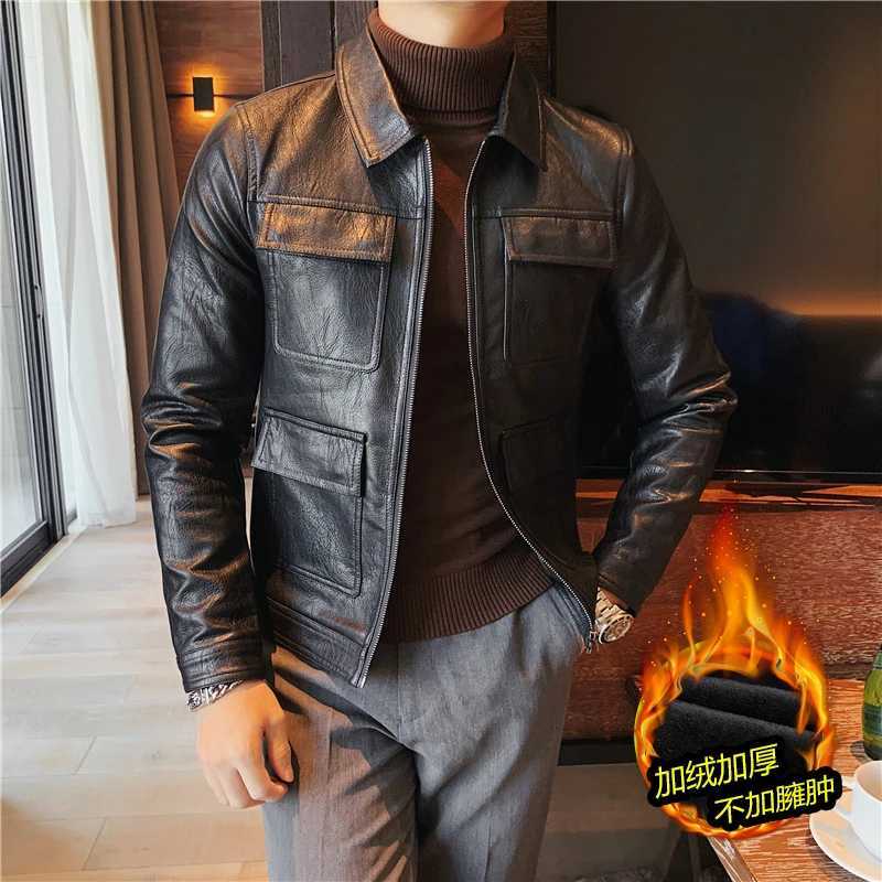 Winter Solid Color Leather Jacket Men Slim Fit Plus Velvet Thickened Motorcycle Bike Jacket Casual Streetwear Social OvercoatX240913
