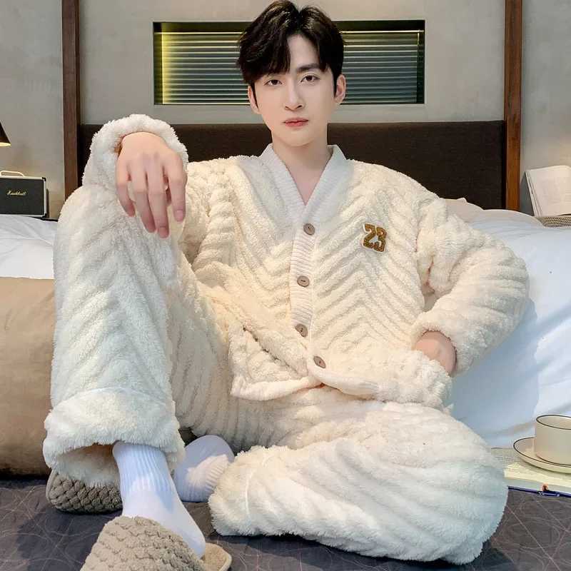 Mens Winter Warm Coral Fleece Pajama Sets Fluffy Coat + Long Pants Male Sleepwear for Sleeping 2 Pieces Home Wear Loungewear Y240913