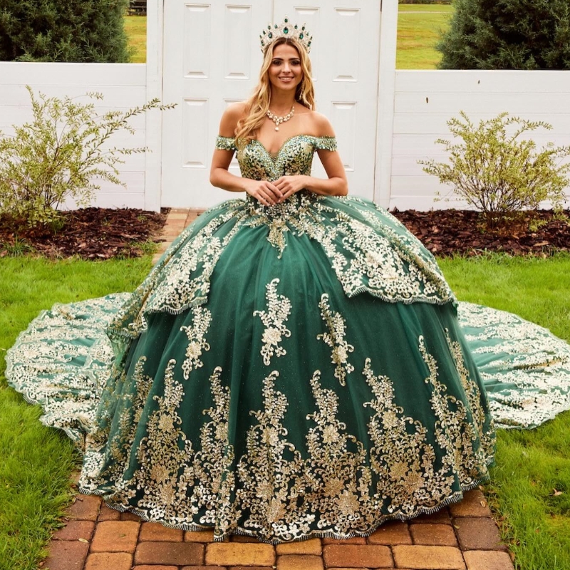 Green Shiny Quinceanera Dresses Ball Gown Sequins Gold Applique Lace Pearls Tull Mexico Corset Sweet 16 Dress Vestidos De 15 Anos