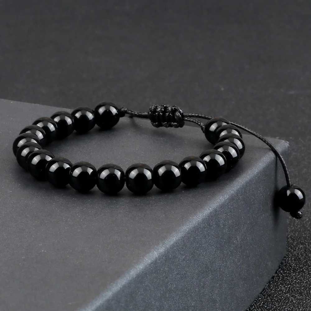 Handmade Bead Bracelet 4 6 8mm Natural Stone Shining Black Agate Bead Bracelet and Bracelet Adjustable Size Obsidian Watch Jewelry W240913