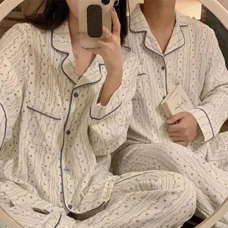 Couple Pajamas Womens Spring Autumn 2024 New Casual Long Sleeved Pants Sleepwear Cotton Gauze Loose Mens Cardigan Homewear Y240913