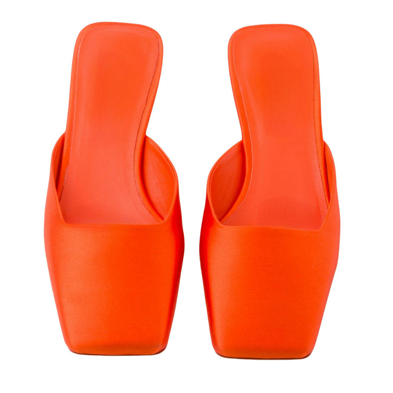 Summer Square Head Shallow Mouth Satins Triangle Heel Slippers Fashion Minimalist Retro Commuting Casual Low Heel Sandals 43