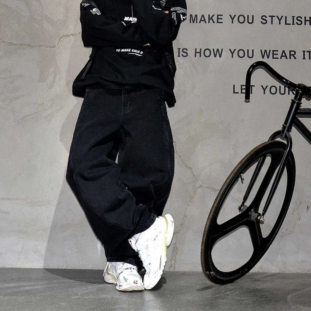 Japanese Streetwear Hip Hop Stacked Baggy Jeans For Mens Clothing High Quality Black Skateboard Jeans Denim Pants Male Trousers 240912