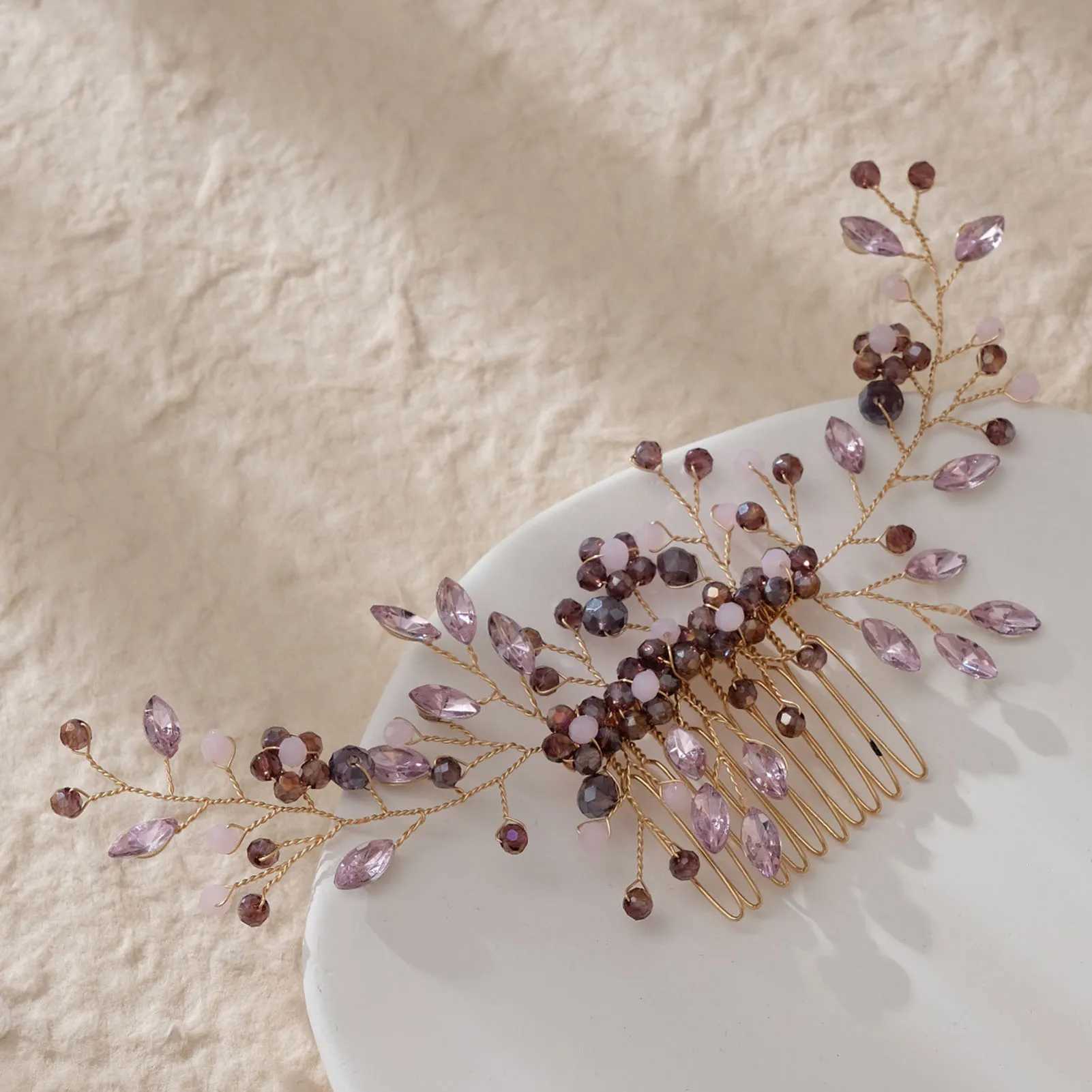 Purple Crystal Beaded Hair Combs for Bride Wedding Hair Jewelry Flower Hairpins Clips Headbands Women Party Hair AccessoriesX240913