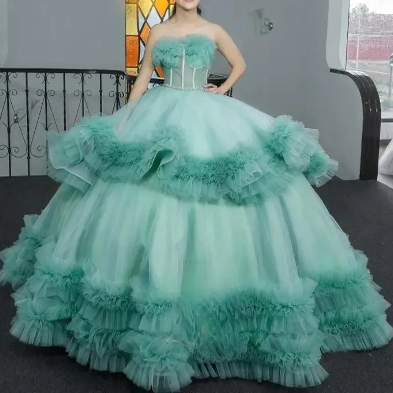 Light Green Quincenara Dresses Off The Shoulder Champagne Tull Tiered Quinceanera XV Sweet 16 Dress Ball Gown Vestido De 15 Anos