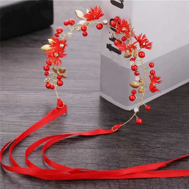 Elegant Girls Bridal Headband Red Cloth Flower Pearl Hair Headdress Flower Wreath Bride Garland Head Hoop Wedding HeadbandsX240913