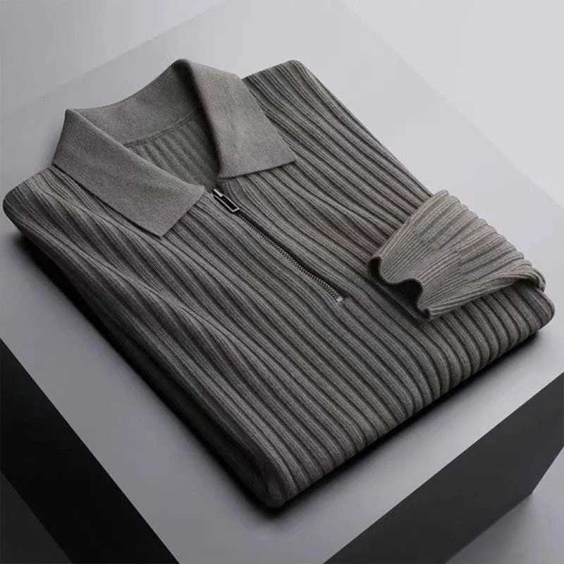 Mens lightweight luxury knitted polo shirt long sleeved solid color pullover sweater Korean retro popular casual knitted M-3XL W240913