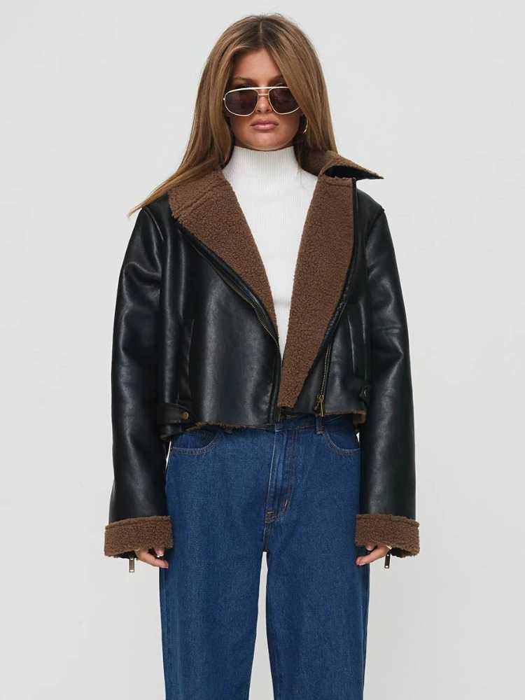 Women's Jackets ZBZA Women PU Leather Warm Locomotive Jacket Coat Lapel Long Slves Oblique Zip Pocket Thick Outerwear Winter New Female Coat Y240913O6VR