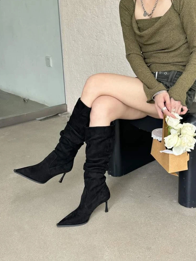Womens Boots Winter Knee High Shaft Heels Footwear Long Shoes for Woman Elegant Heeled Elastic Pointed Toe Goth in Y2k Rock 240910