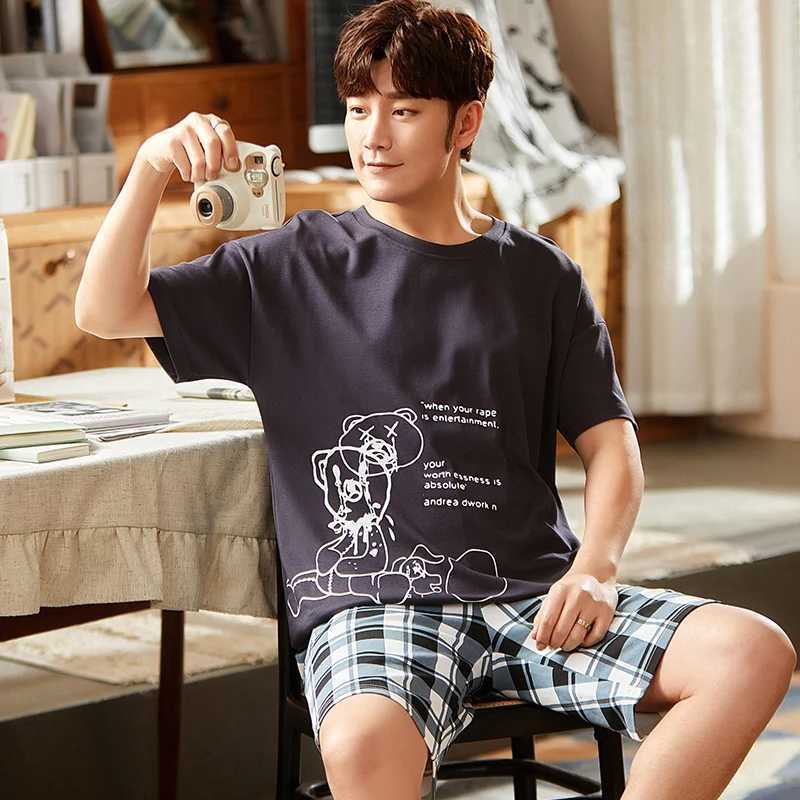 2 Pieces Set Mens Summer Cotton Pajamas Set Short Sleeping Tops Pants Sleepwear Male Casual Nightwear Pijama pyjama night cloth Y240913