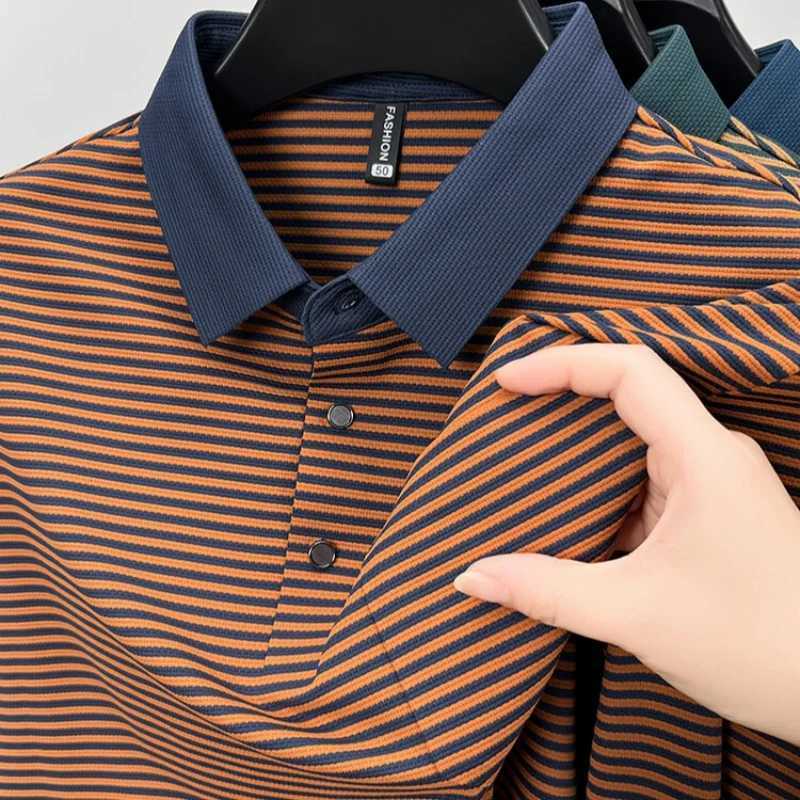 High end luxury brand mens polo shirt 2024 autumn fashion striped pocket ice silk long sleeved casual trend lapel mens clothing W240913