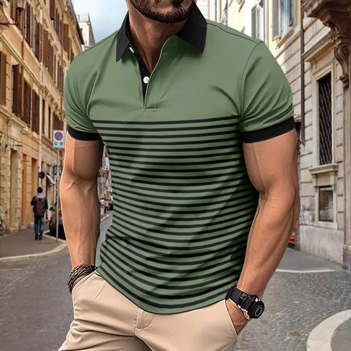 Mens polo shirt Spring and Autumn mens long sleeved lapel button pocket top sports polo shirt loose fit W240913