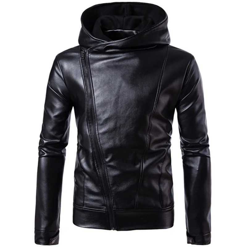 COLDKER PU Faux Leather Jacket Men Biker Jacket Leather Jacket Male Motorcycle Jacket LEATHER HOOD black M-4XLX240913