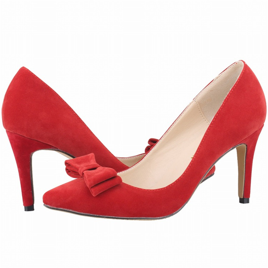 Sweet Bowknot Shallow Women Shoes New Autumn Pointed Toe High Heels 8CM Pumps Female Solid Flock Red Black Lady Work Bride Shoes