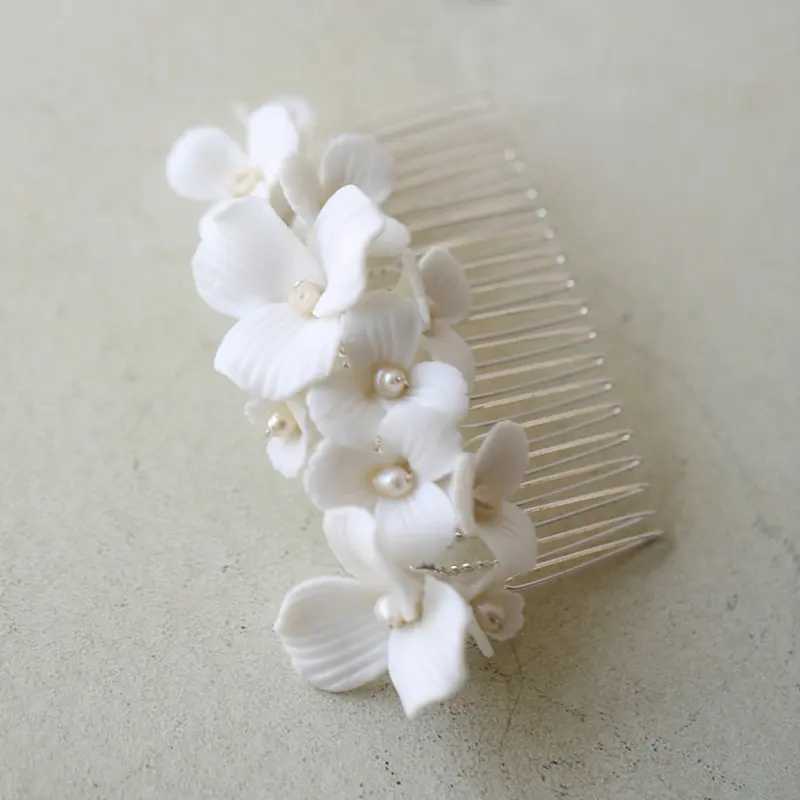 Handmade Ceramic Flower Bridal Hair Comb Gorgeous Pearl Wedding Hair Accessories Women HeadpiecesX240913