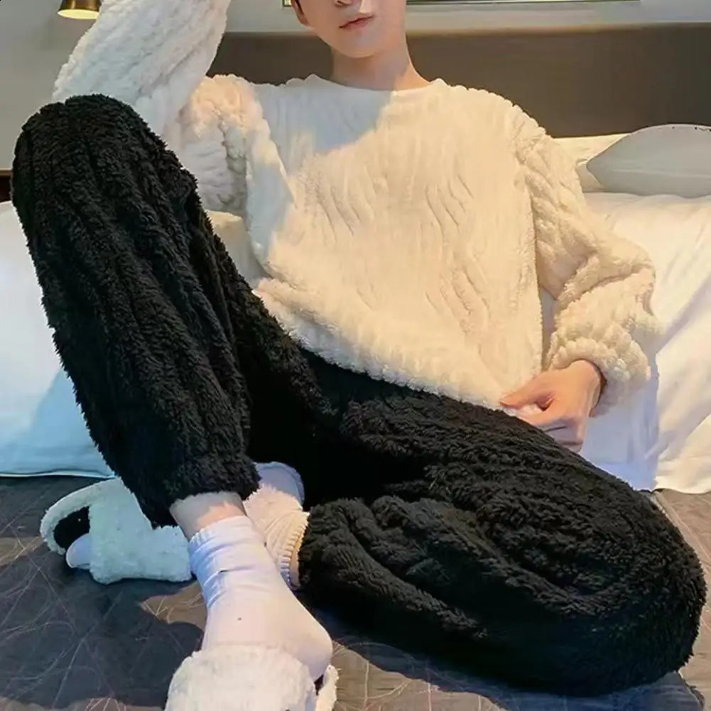 Men Pajama Pants Set Flannel Soft Solid Color Round Neck Top Suit Touch Comfortable Long Sleeve Pullover 240905