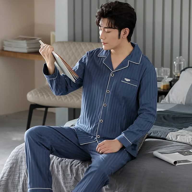 Blue Men Pajamas Set Long Sleeves Long Pants Autumn Winter Simple Sleepwear Casual Pijamas Male Pyjamas Soft Nighty Cozy Pjs Boy Y240913