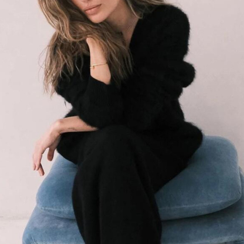 Imitation mink wool knitted cardigan 2024 autumn/winter lazy loose long sleeved V-neck sweater jacket for women