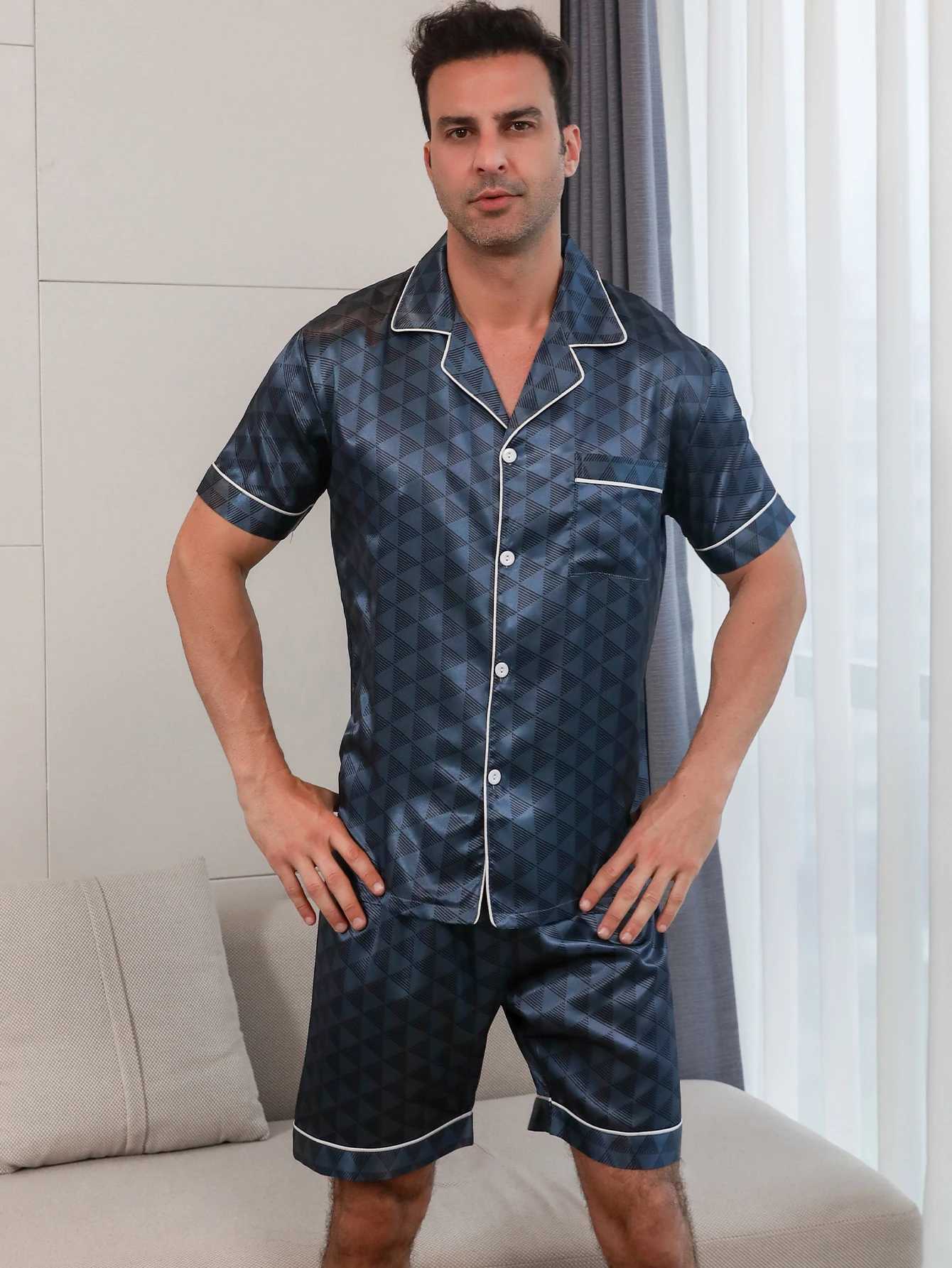 Two piece sets mens sleepwear summer short sleeved shorts triangle pattern printed home clothes sleepwear set Y240913