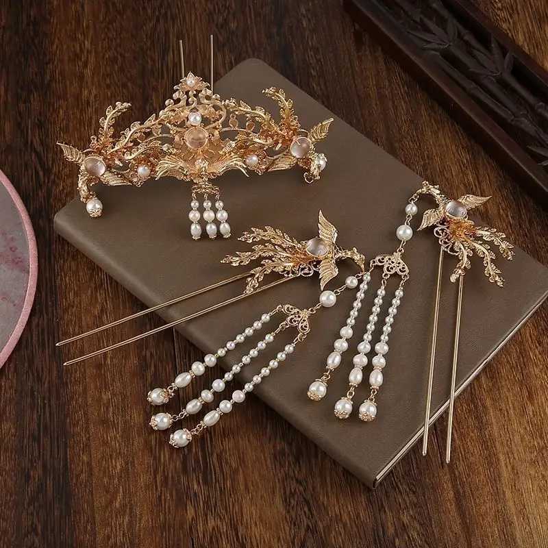 Womens Gold Plated Phoenix Hair Crown With Pearl Tassel Set Chinese Hanfu HeaddressX240913