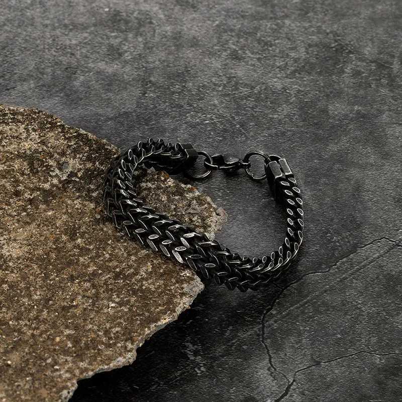 MKENDN Vintage Oxidized Black Double Curb Chain Bracelets for Men Stainless Steel Punk Antique Cubic Foxtail Chain Male PulseiraX240913