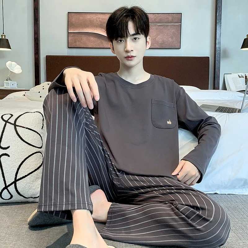 2024 100% Cotton Sleepwear for Men Long Sleeves Sleeping Top Pant Nightwear Young Boy Male Nightwear Striped Home Clothes Y240913