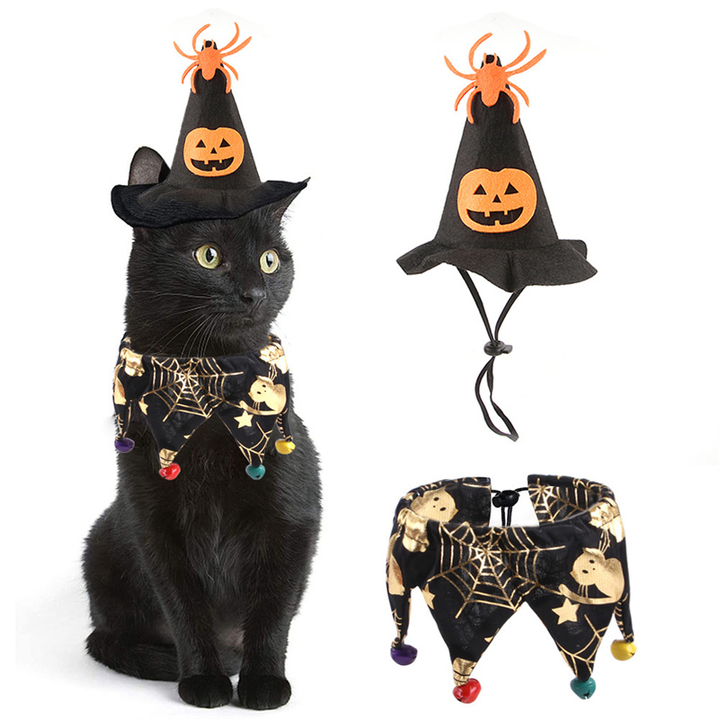 Cat Witch Halloween Costume Suit Small Dogs & Cats Tutu Collar and Witch Pumpkin Hat Cute Costume Suit Kitten Outfit Clothing