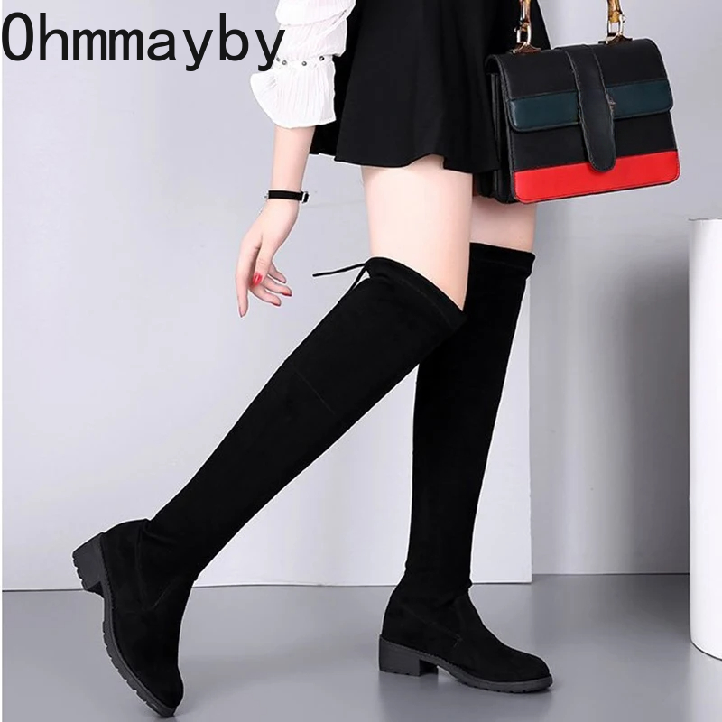 Winter Autumn Women Stretch Over The Knee High Boots Fashion Slip On Long Booties Low Heel Casual Shoes atos Mujer d050