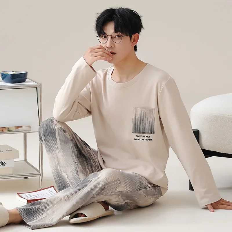 2024 Cotton Homewear for Man Autumn Long Sleepwear Big Size L-3XL Nightwear Korean Fashion Pullover Pajamas Set Young Boy Male Y240913