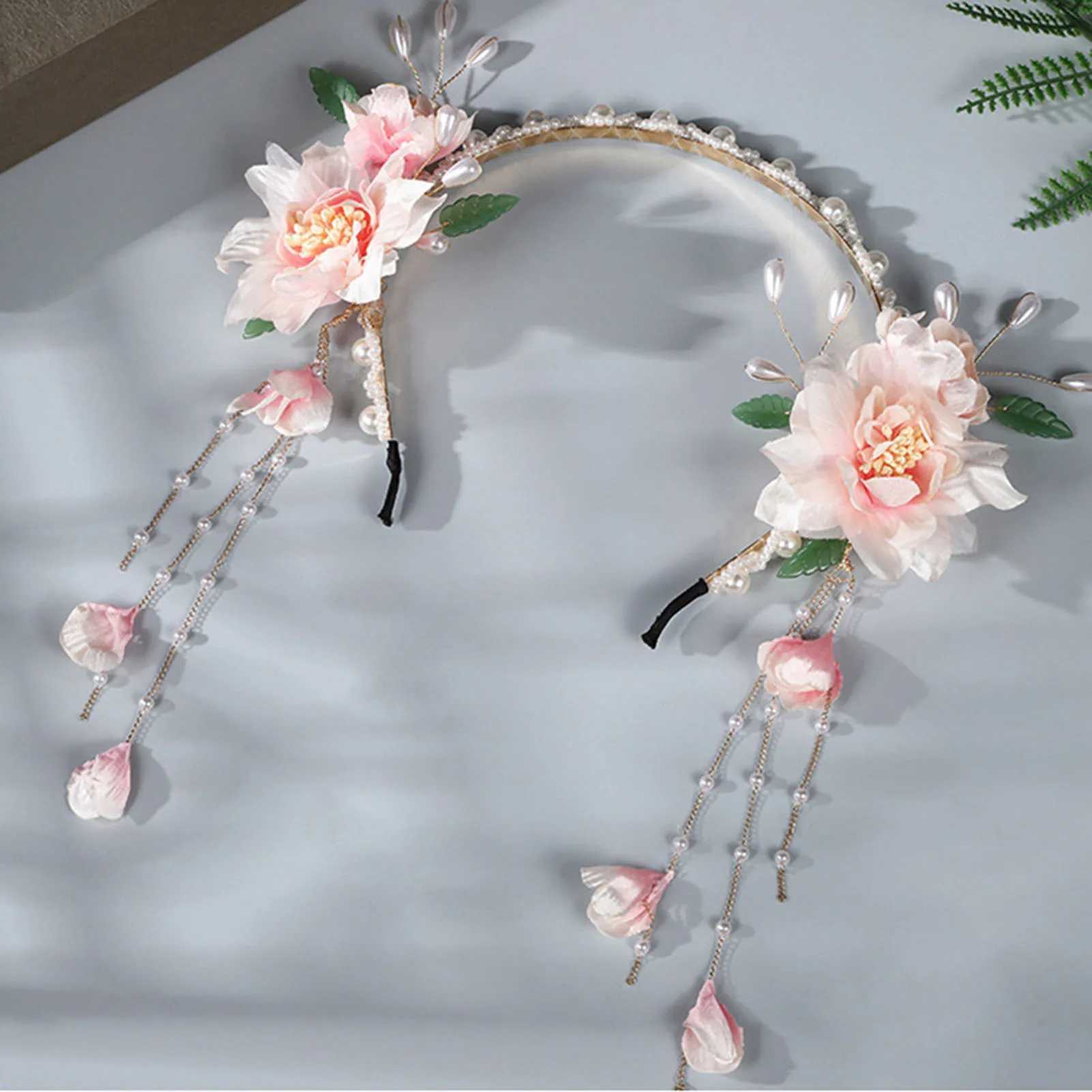 Flower Pearl Headbands Wedding Hair Accessories For Women Pink/blue Color Floral Fringe Hair Hoop Bride Chinese Head JewelryX240913