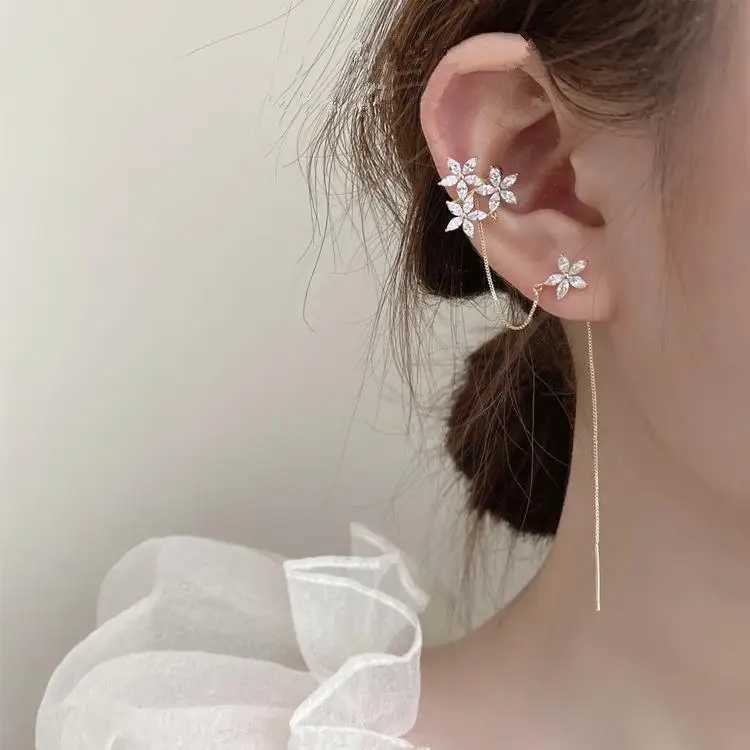 1pcs Retro Ear Bone Ear Clip Ear Thread Integrated Tassel Long Stud Temperament Flower 925 Silver Needle Clip Ear AccessoriesX240913
