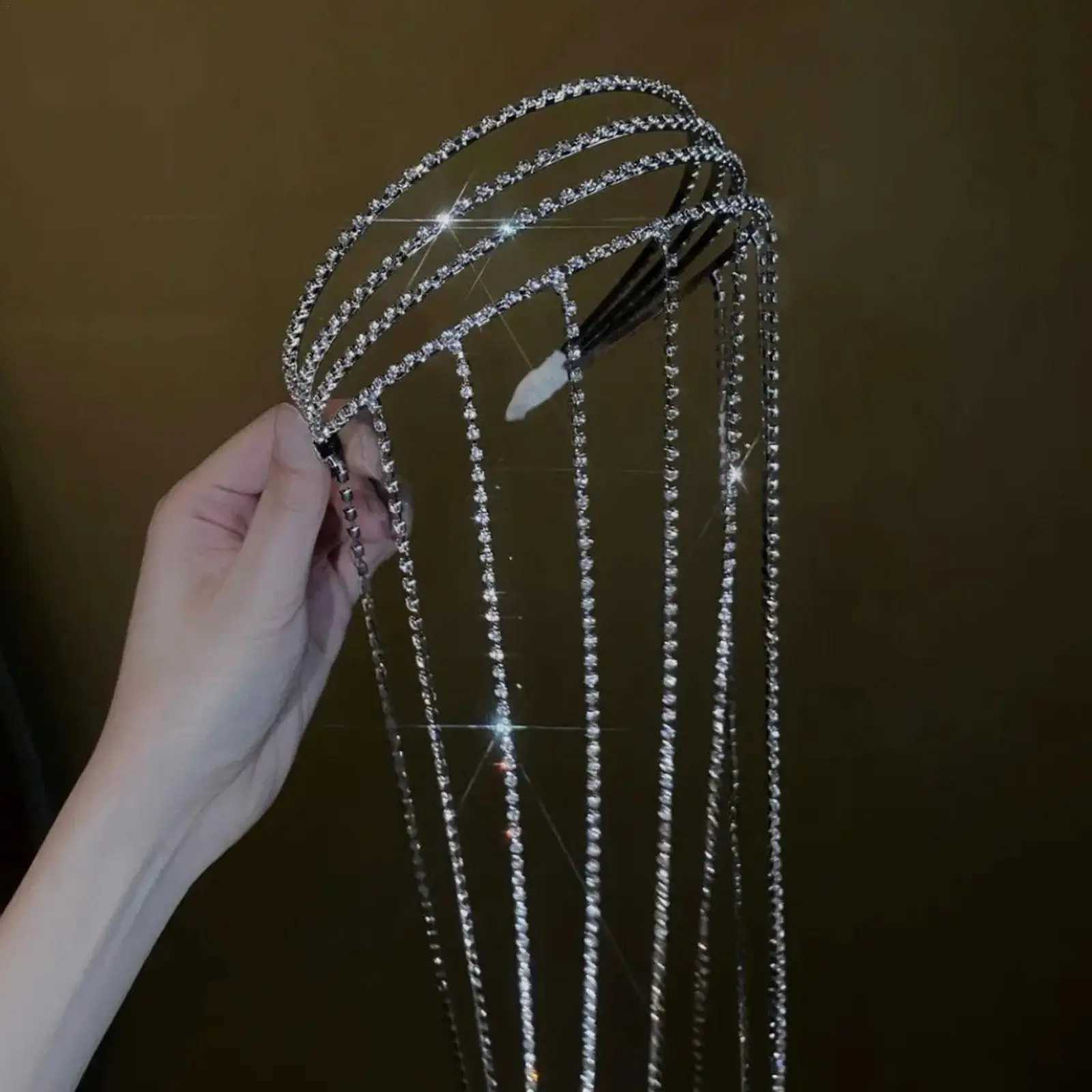 Full Rhinestone Long Tassel Headband For Women Multilayer Flashing Crystal Hairband Party Hair AccessoriesX240913
