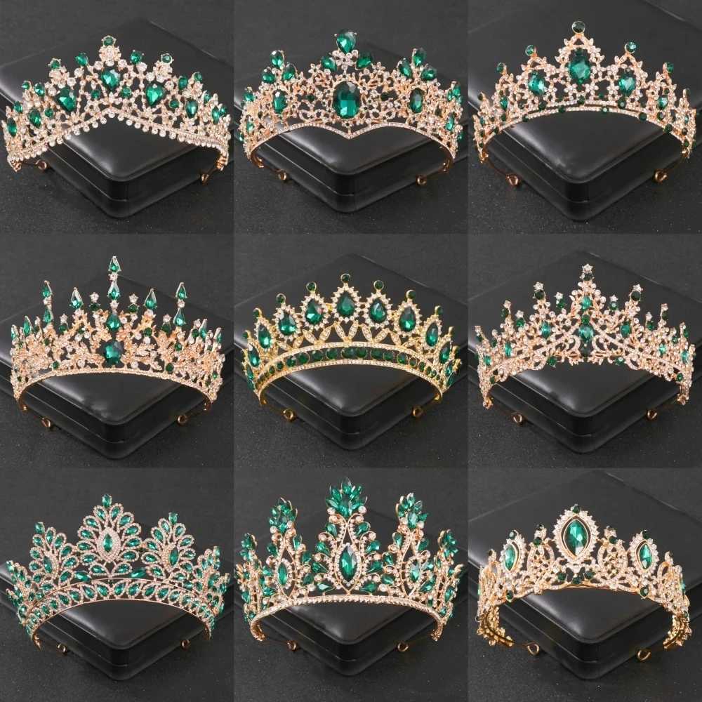 Baroque Green Crystal Tiaras And Crowns Rhinestone Prom Bridal Wedding Hair Accessories Jewelr Crown Tiara For Women Bride QueenX240913