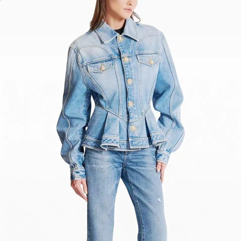 Womens shoulder strap denim jacket metal button decoration lapel long sleeved shoulder strap high-quality washed cotton autumn 240906