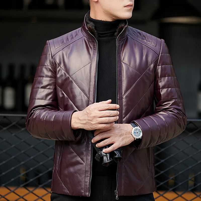 Genuine Leather Jacket For Men 2022 Winter Thick Warm Business Man Korean Fashion Mink Fur Stand Collar Coat Twill Check VesteX240913