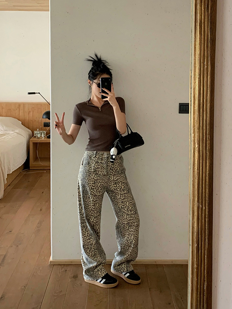 Gothic Women's Leopard Print Vintage Casual Streetwear High Waist Loose Trashy Pants Y2K Baggy Trouser Denim Jeans