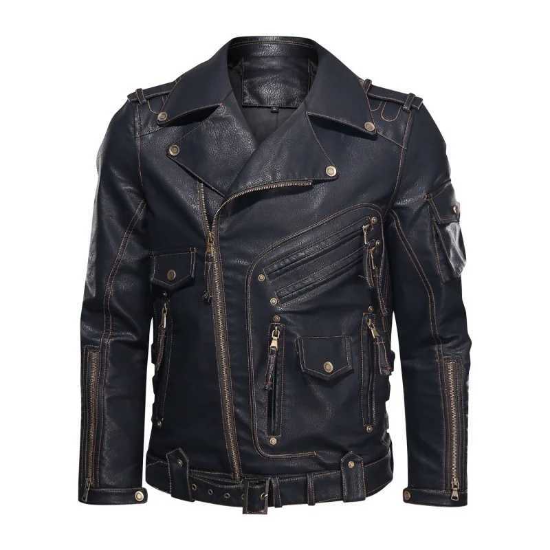 2024 New Mens Motorcycle Multi-Pocket Tough Guy PU Leather Lapel Leather CoatX240913