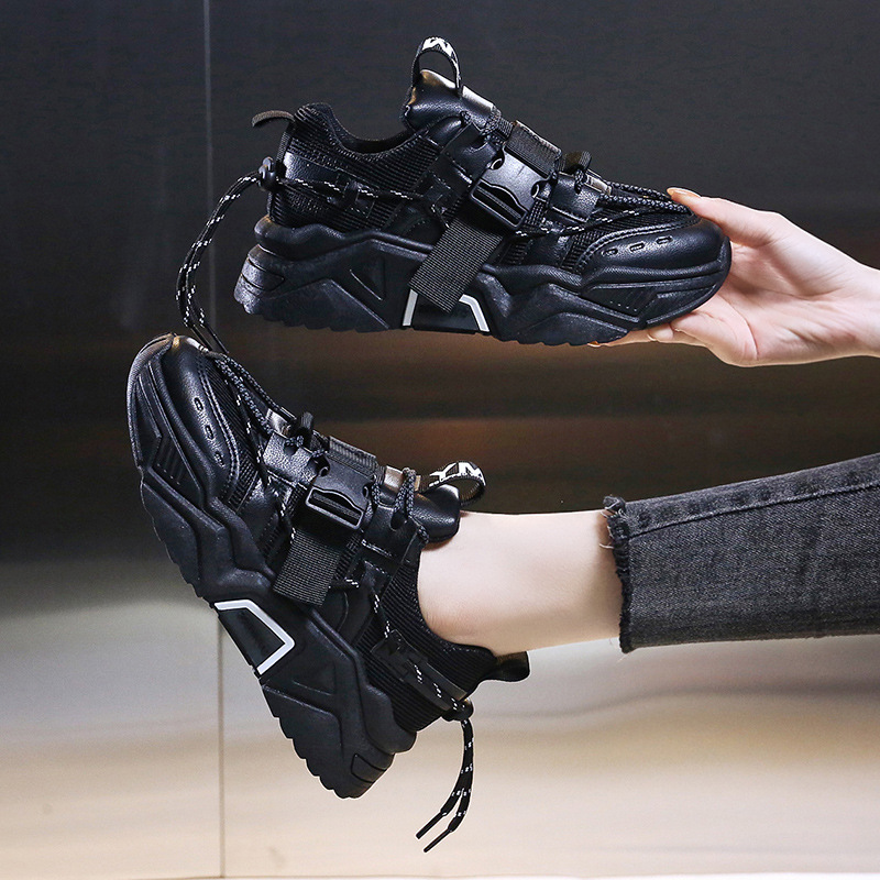 Platform Women Leather Casual Ladies Chunky Shoes 2021 White Woman High Black Fashion Brand Thick Soled Wedge Sneakers d83d