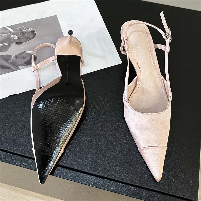 Eilyken High Quality Satin Buckle Strap Women Pumps Sandals Fashion Shallow Thin Heels Pointed Toe Sgback Mules Shoes cbdf