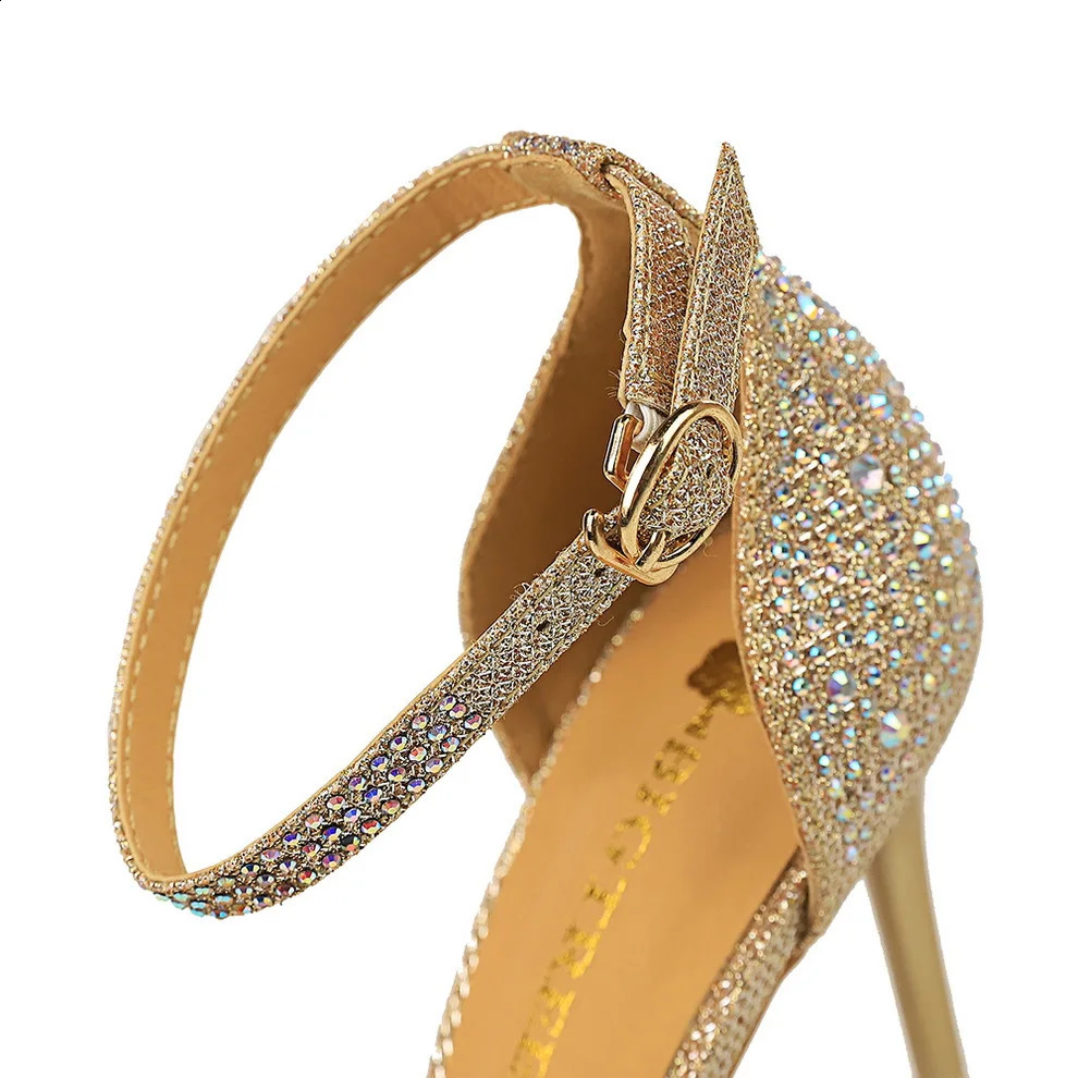 Sexy Women 10cm High Heels Sandals Wedding Glitter Bridal Heels Champagne Gold Pumps Fetish Stiletto Crystal Glitter Strap Shoes 240910