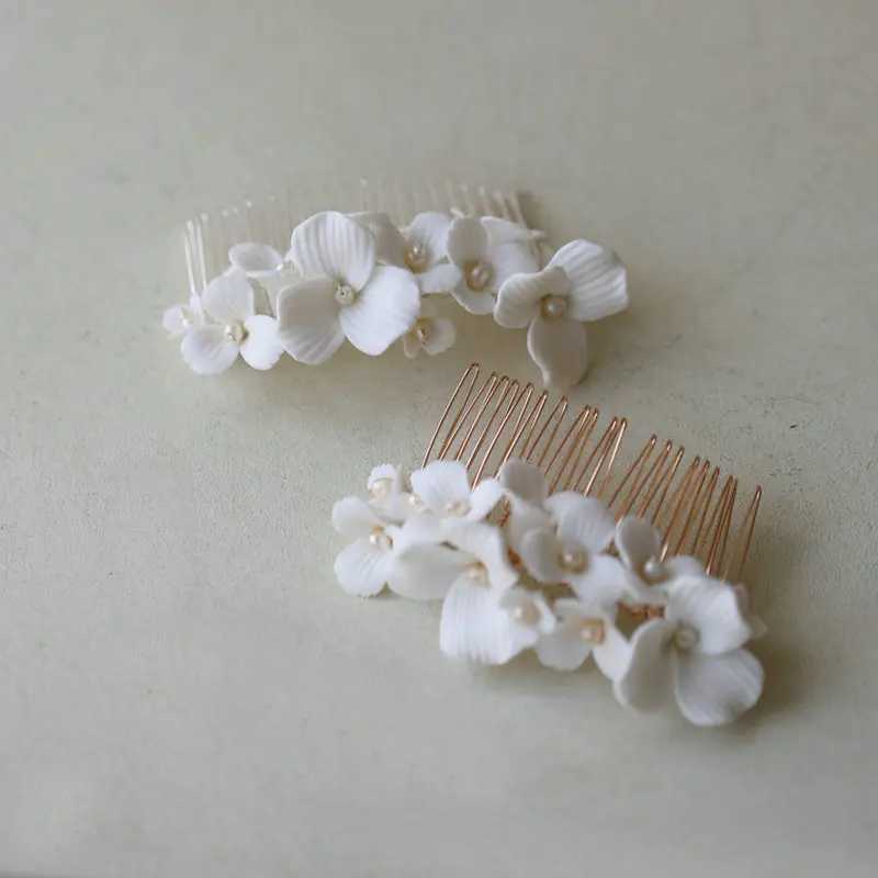 Handmade Ceramic Flower Bridal Hair Comb Gorgeous Pearl Wedding Hair Accessories Women HeadpiecesX240913