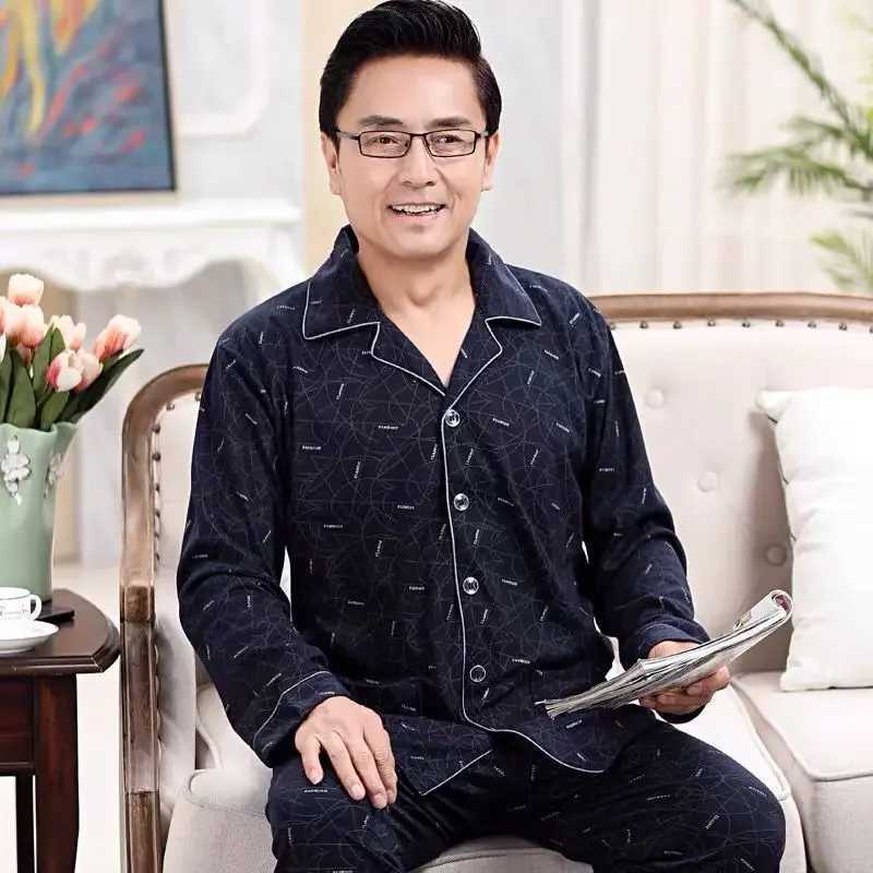 Mens 100% Cotton Long Sleeve Pajama Set Autumn Winter Thin Style Cardigan For Middle-aged Dads Homewear Suit Y240913
