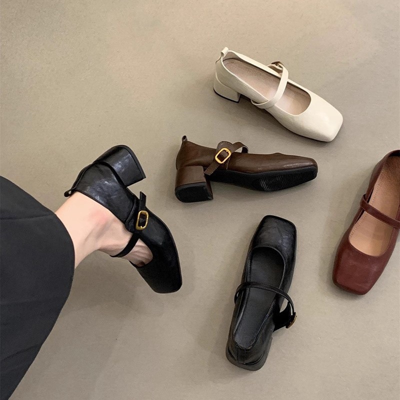 French Retro Square Toe Shallow Slip-On Women's Shoes, Spring and Autumn Evening Temperament Fairy Thick Heels, Small Leather Shoes
