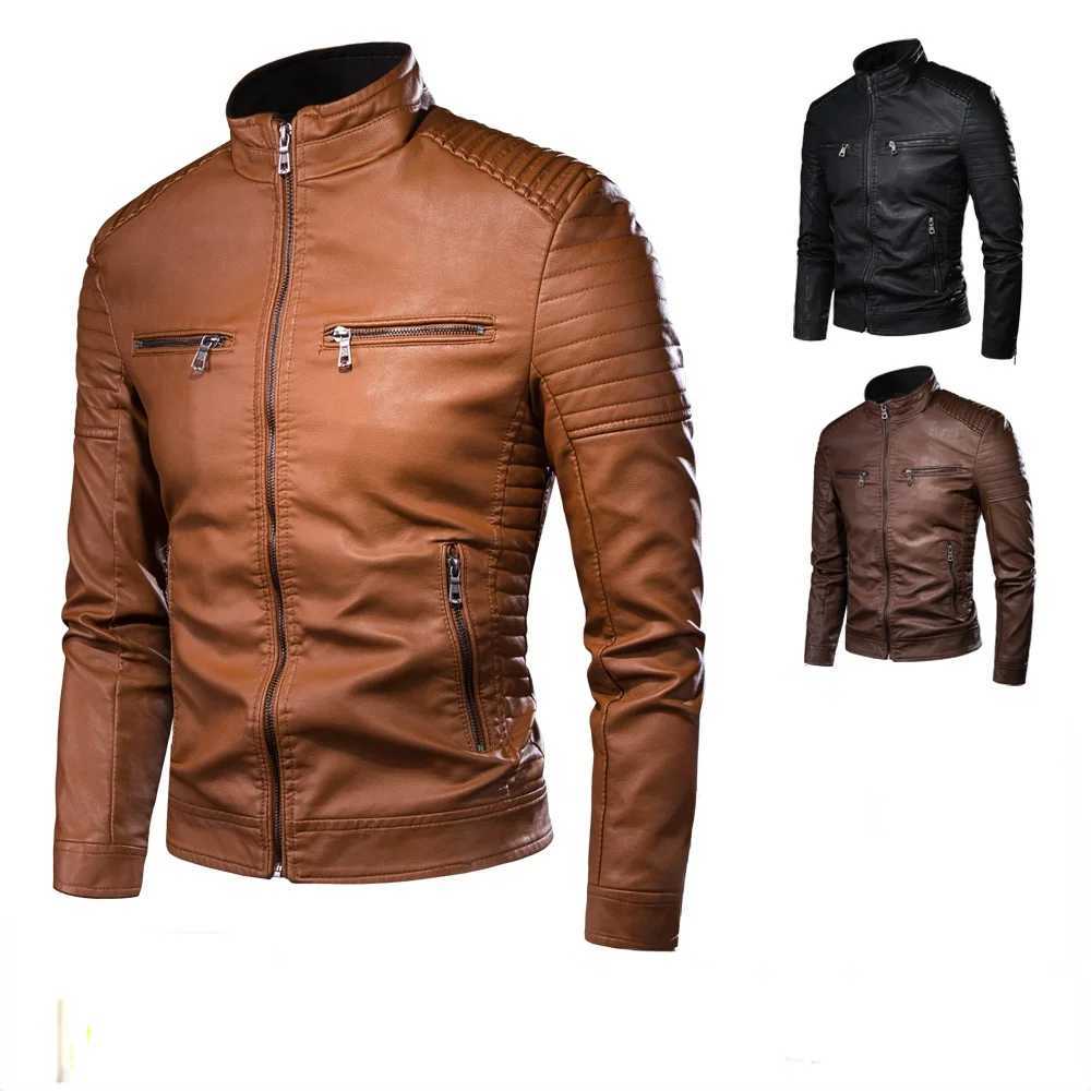 Mens Brand New Causal Vintage Leather Jacket Coat 2022 Spring Autumn Outfit Motor Biker Pocket PU Leather Jacket Men ClothingX240913
