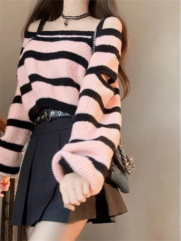Y2k Aesthetic Harajuku Women Cropped Sweater Fashion Striped Loose Pull Femme Off Shoulder Casual Grunge Knitted Chandails 240911