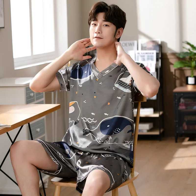 Summer Pajamas 3XL Men Silk Satin Pullover Shorts Two Piece Set Sleepwear Man Pajama Home Clothes Nightwear Men Sleep Lounge Y240913