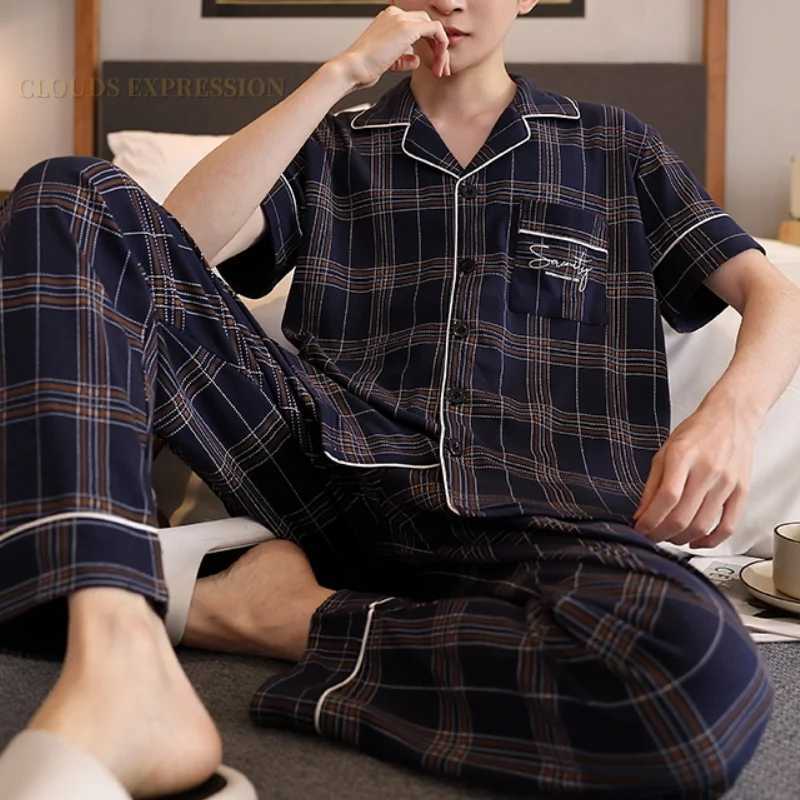 Summer Knitted Plaid Cool Mens Pyjamas Plus 5XL Pajama Sets Casual Pjs Lounge Masculine Sleepwear Nightwear Pijamas Homewear Y240913