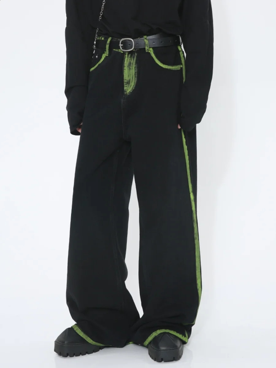 2024 Voguo Relay niche hand drawn graffiti n loose straight black jeans unisex streetwear pantalon homme jean 240912