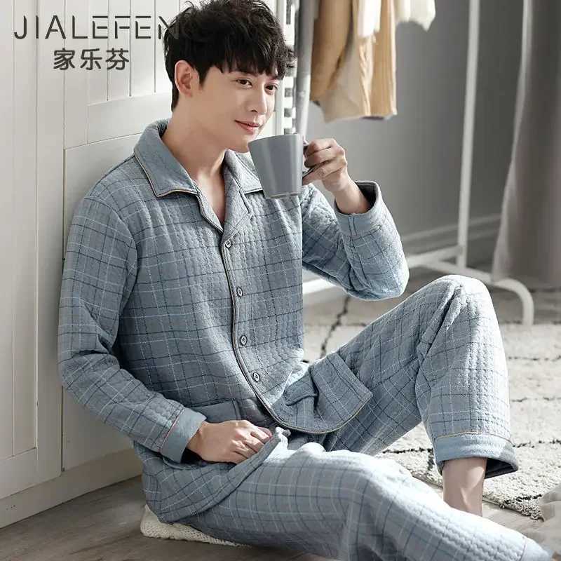 Fall Winter Thicken Warm Flannel Pajama Sets for Men Cotton Sand Stripe Sleepwear Pyjamas Homewear Clothes 2024 Plus Size Y240913