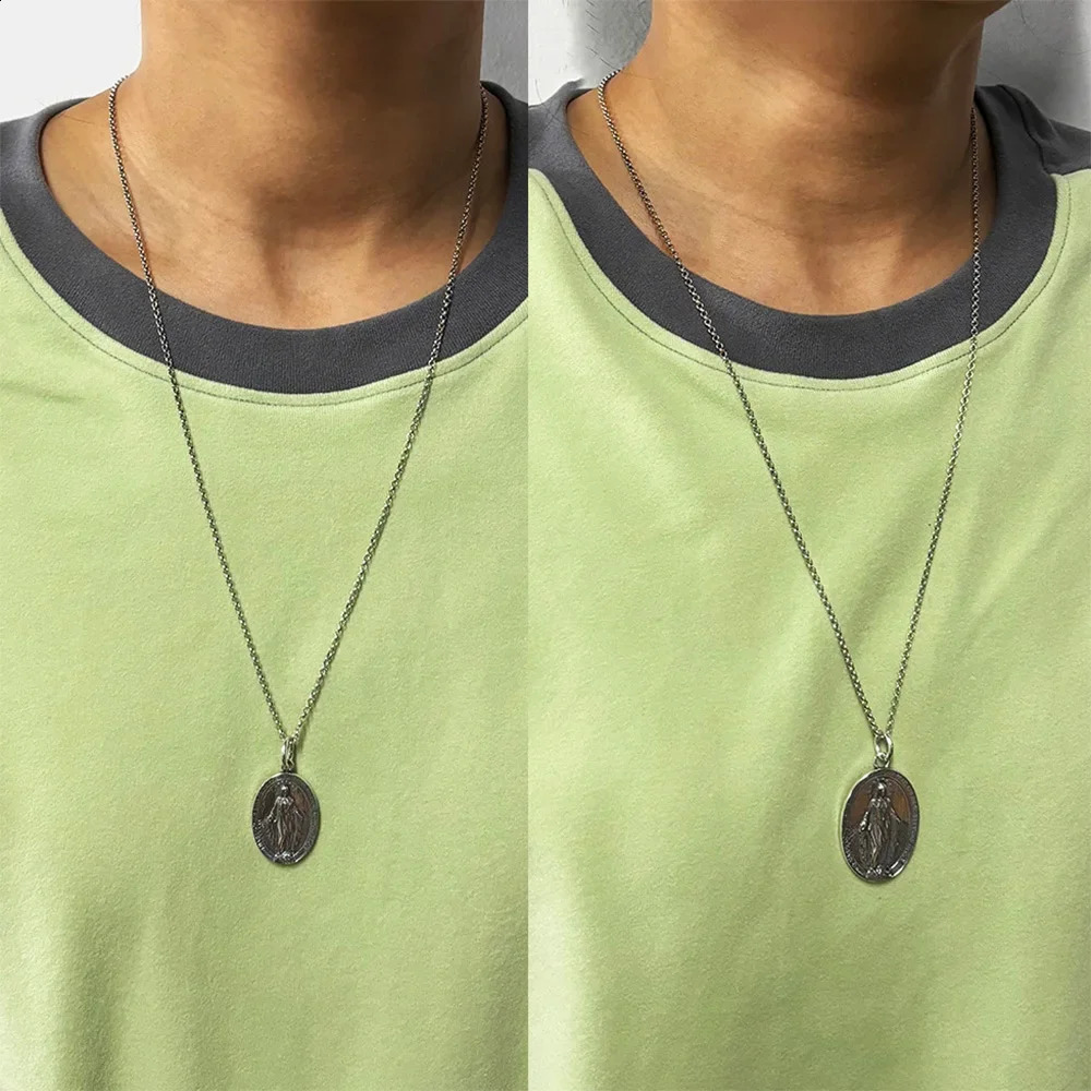 S925 pure silver virgin Mary pendant with retro cross oval n for men and women necklace Christian jewelry 240912